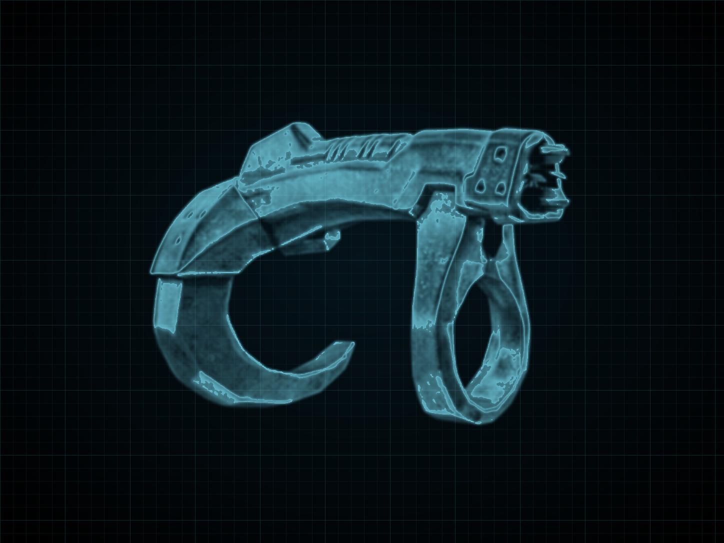 Source-locked cyan technical blueprint of Grapple Beam on a black grid.