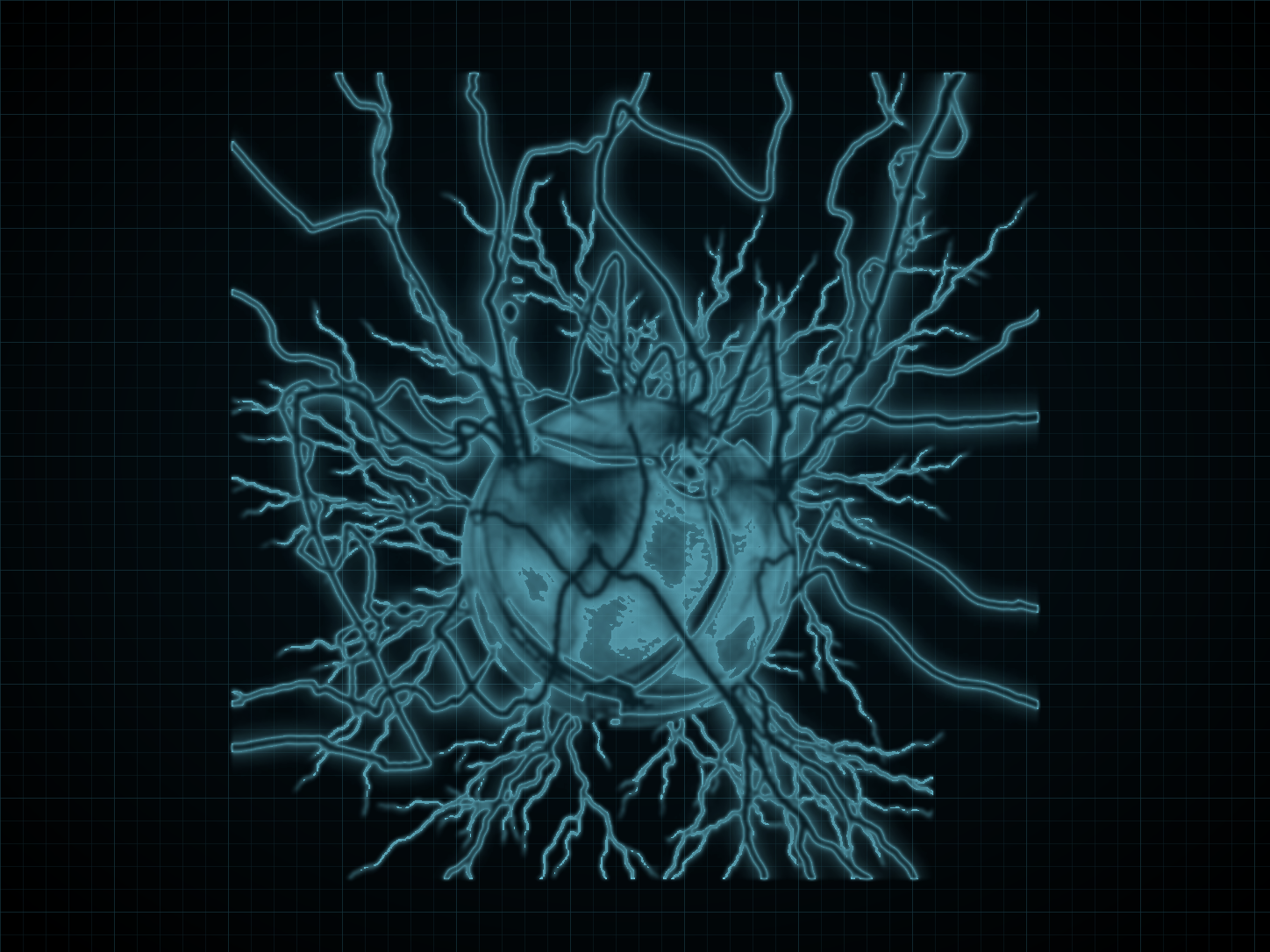 Source-locked cyan technical blueprint of Hyper Ball on a black grid.
