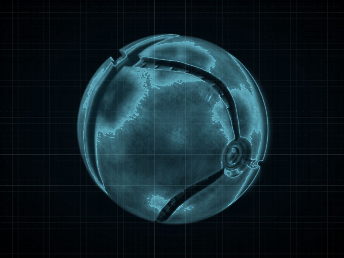 Source-locked cyan technical blueprint of Morph Ball on a black grid.