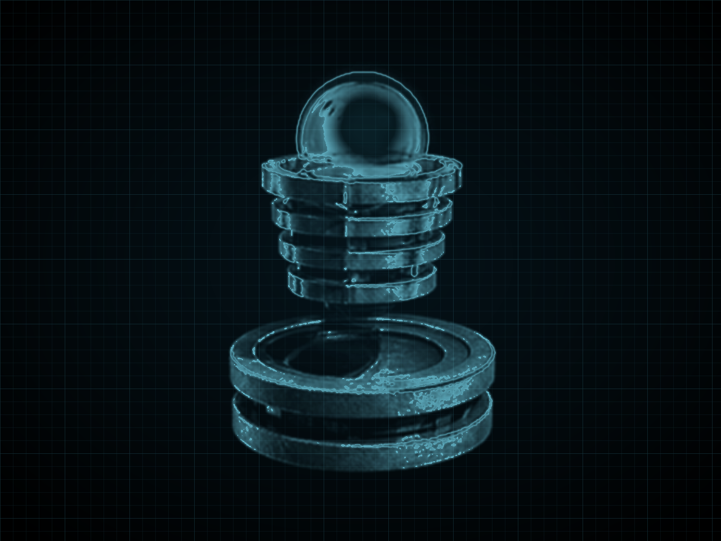 Source-locked cyan technical blueprint of Spring Ball on a black grid.