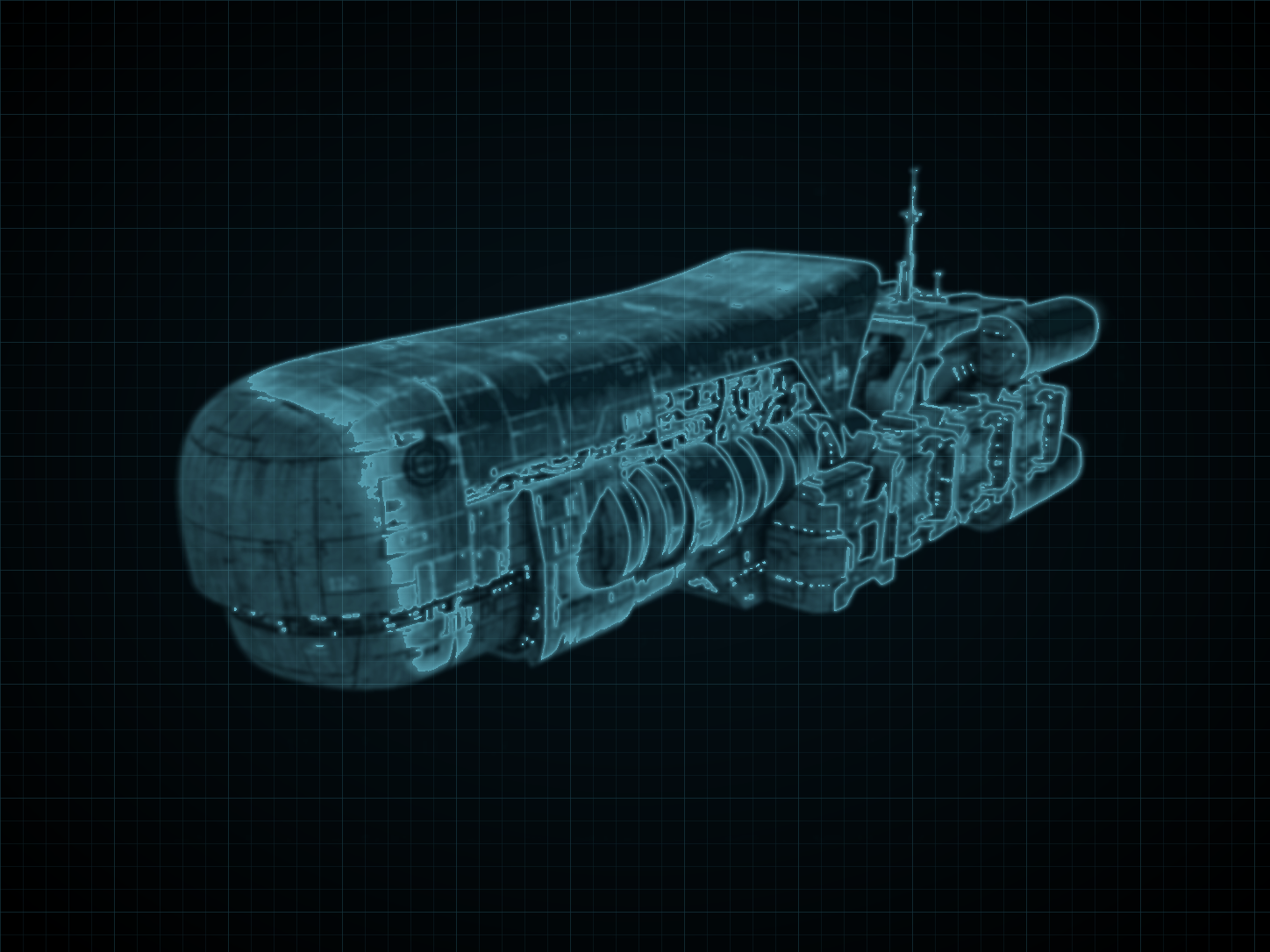 Source-locked cyan technical blueprint of Argus-Class E.M.M.I. Transport Ship on a black grid.