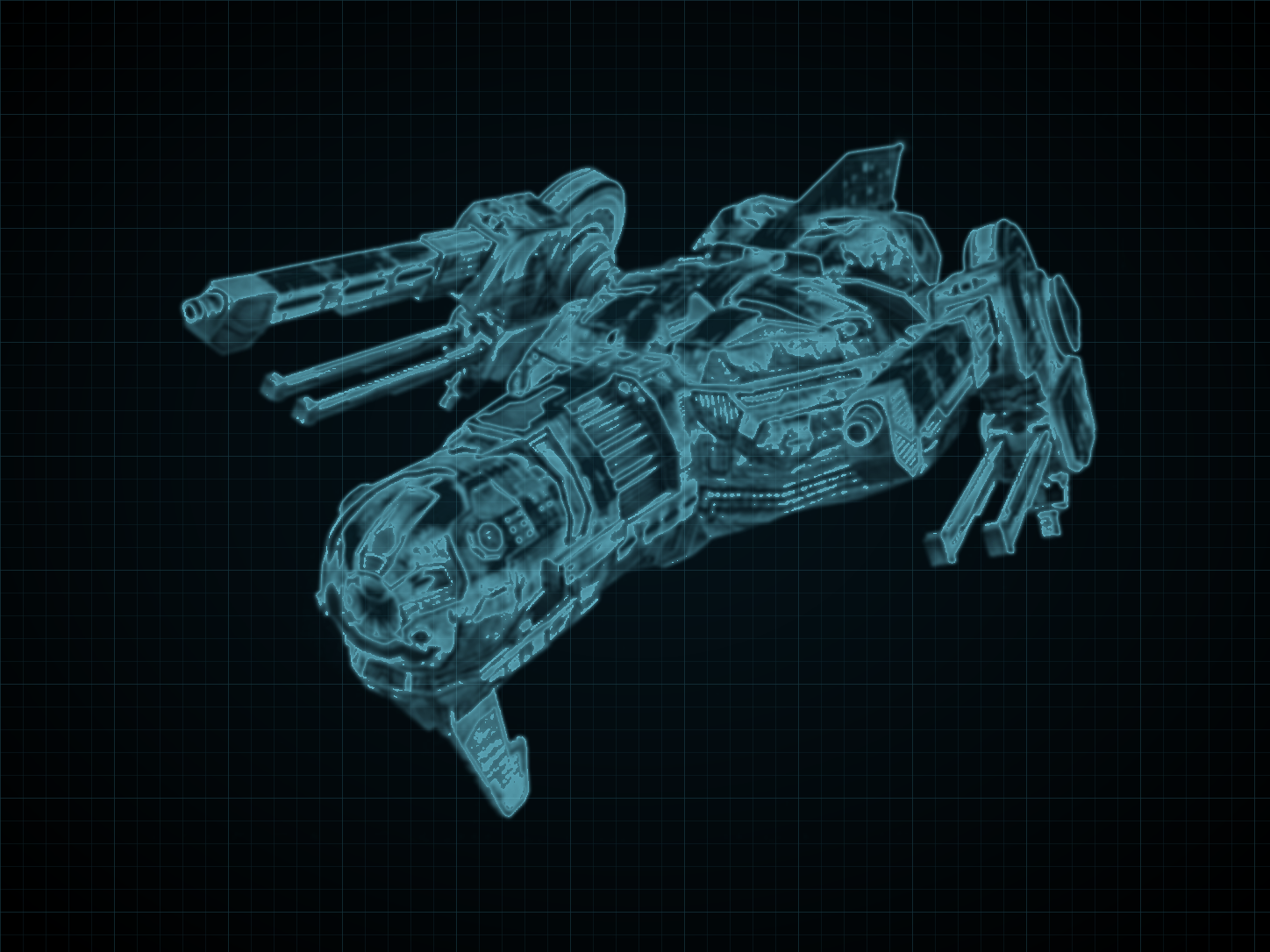 Source-locked cyan technical blueprint of Aries-Class Transport Ship on a black grid.
