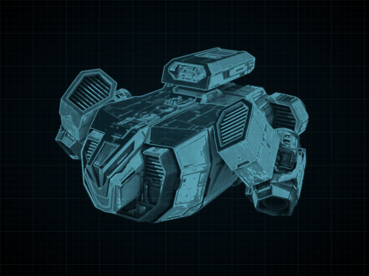 Source-locked cyan technical blueprint of Atlas-Class Cargo Ship on a black grid.