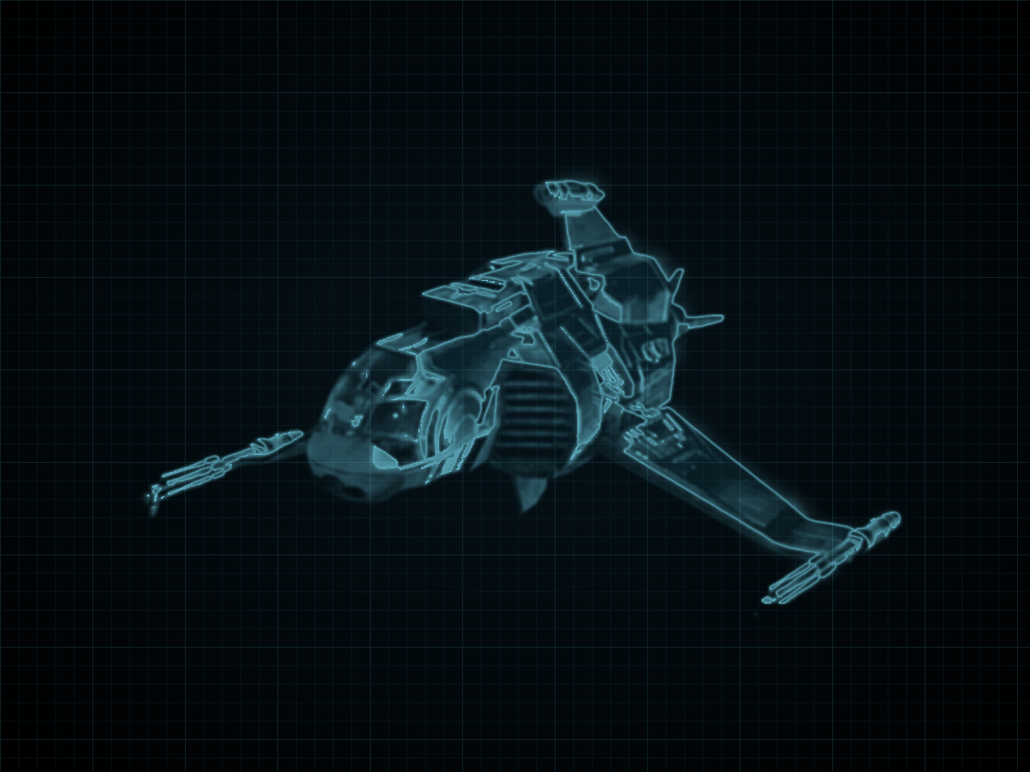 Source-locked cyan technical blueprint of Cestus-Class Fighter on a black grid.