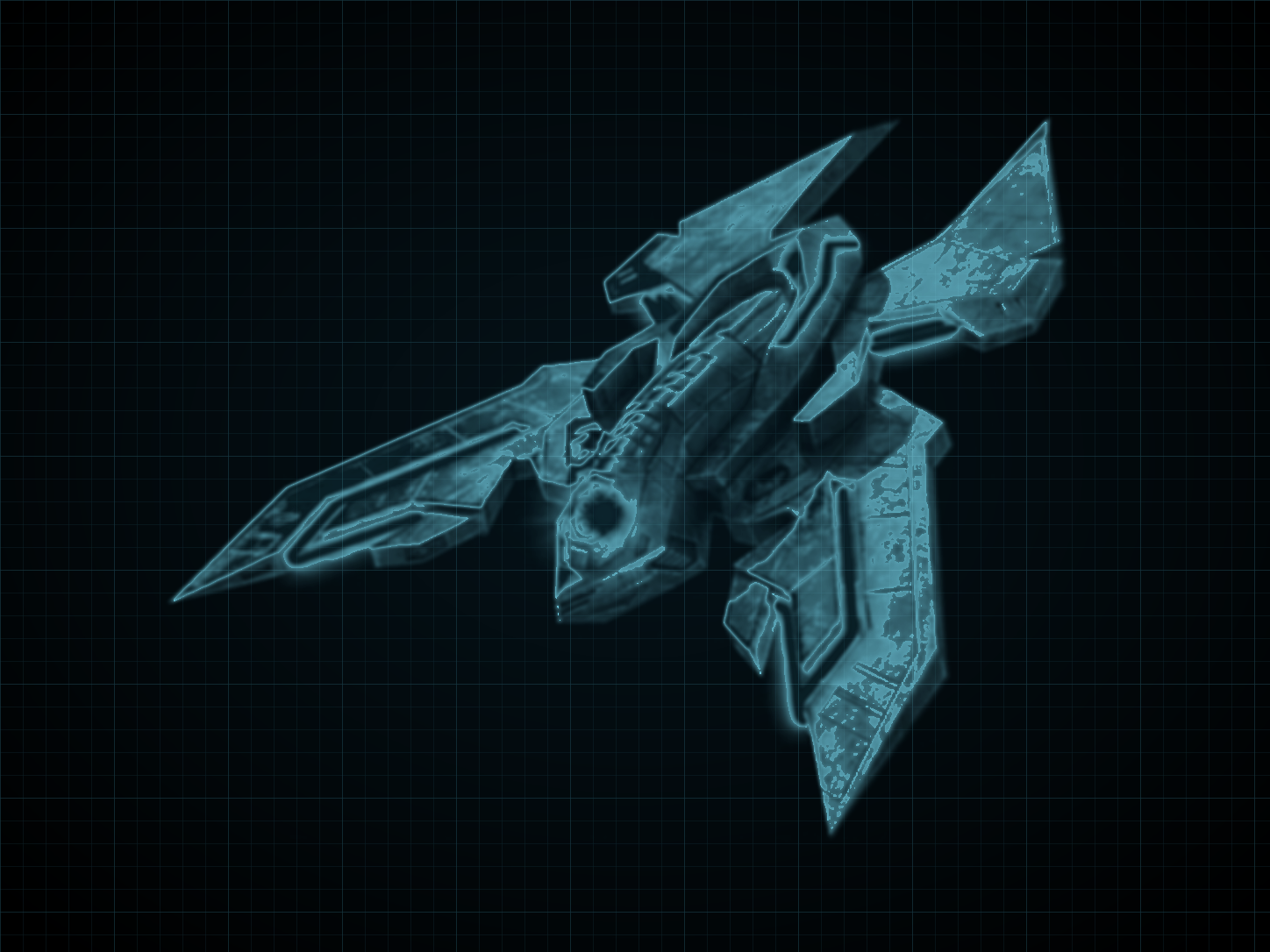 Source-locked cyan technical blueprint of Sylux's Gunship: Delano 7 on a black grid.