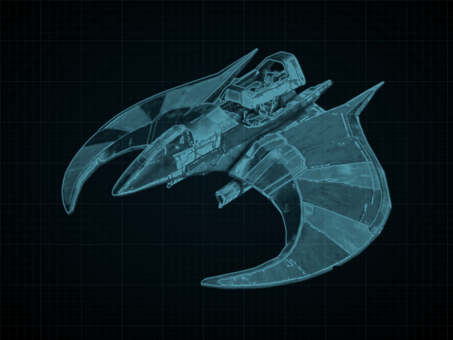 Source-locked cyan technical blueprint of Mawkin Starship on a black grid.