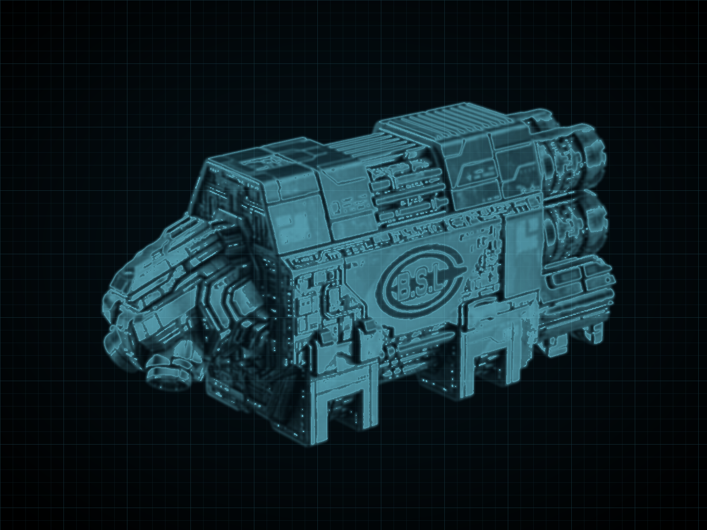 Source-locked cyan technical blueprint of Caduceus-Class Escort Craft on a black grid.
