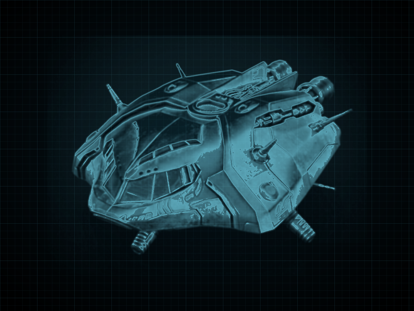 Source-locked cyan technical blueprint of Gunship: Tallon Pattern on a black grid.