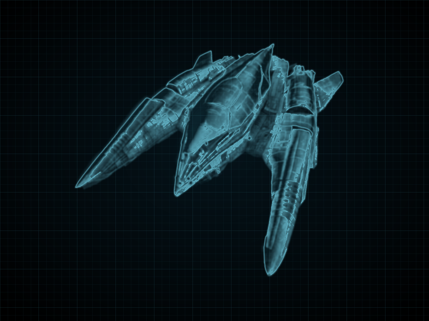 Source-locked cyan technical blueprint of Gunship: PED Era Pattern on a black grid.