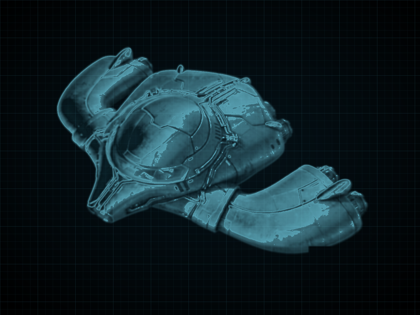 Source-locked cyan technical blueprint of Gunship: Zebes Infiltration Pattern on a black grid.