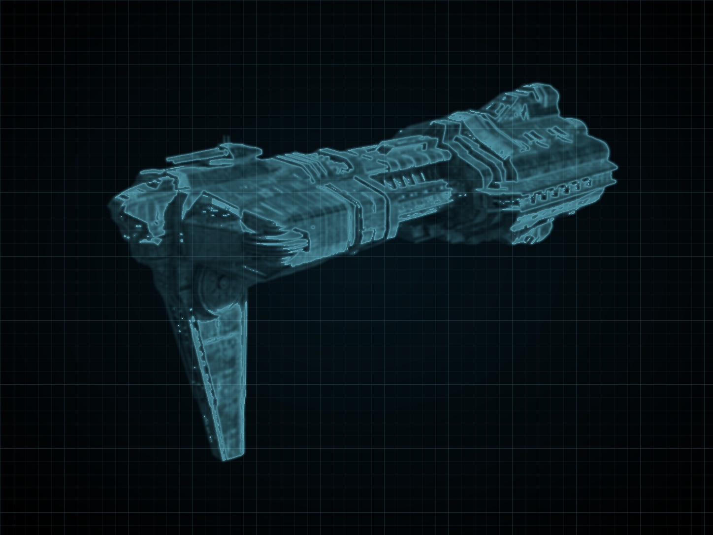 Source-locked cyan technical blueprint of Olympus-Class Command Cruiser on a black grid.