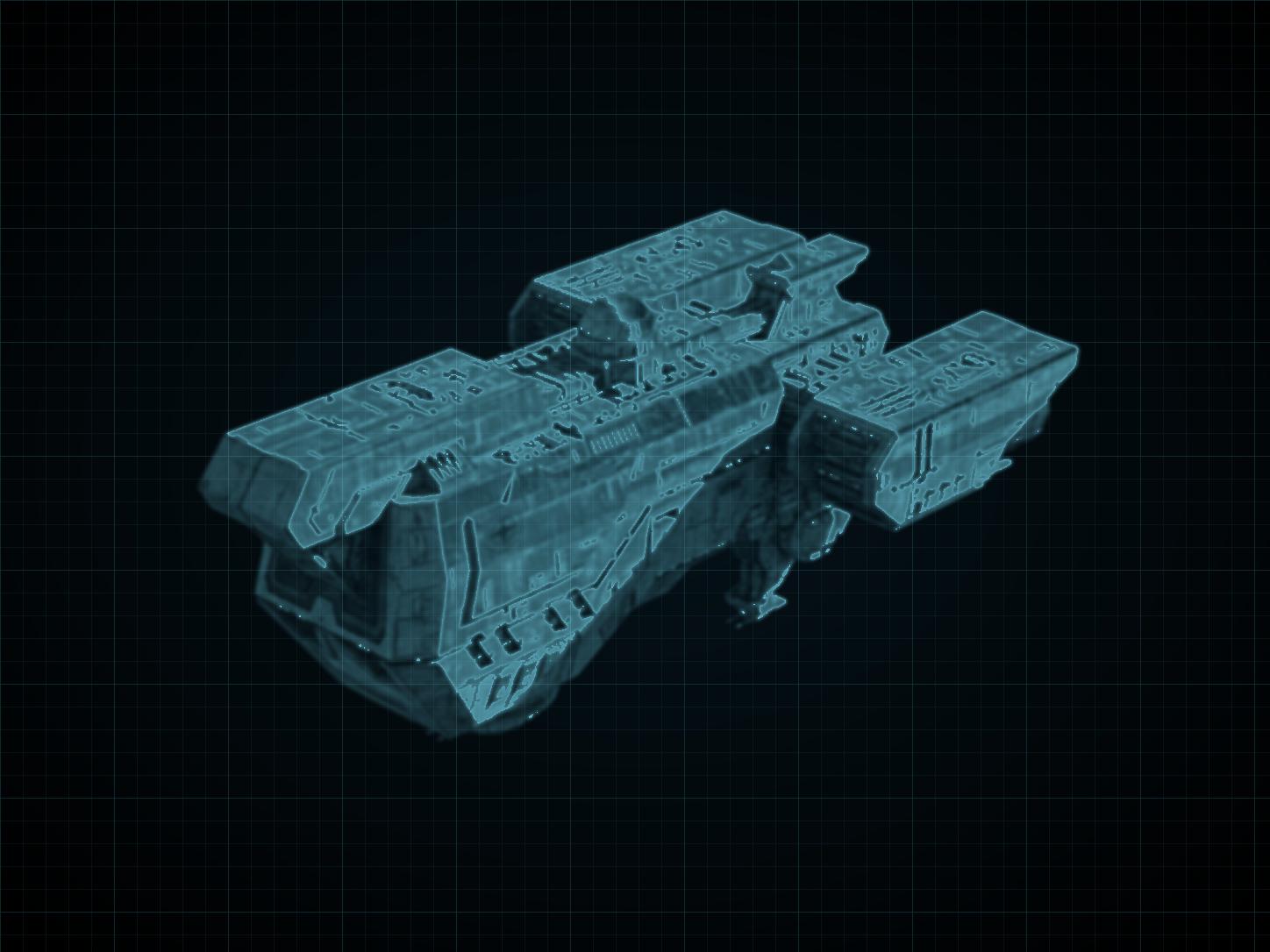 Source-locked cyan technical blueprint of Pallas-Class Mechanized Command Carrier on a black grid.