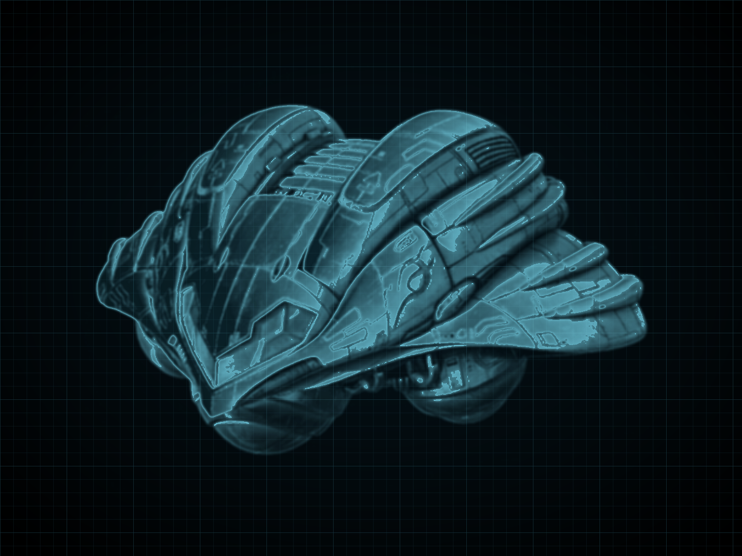 Source-locked cyan technical blueprint of Gunship: SR388-Zebes Return Pattern on a black grid.
