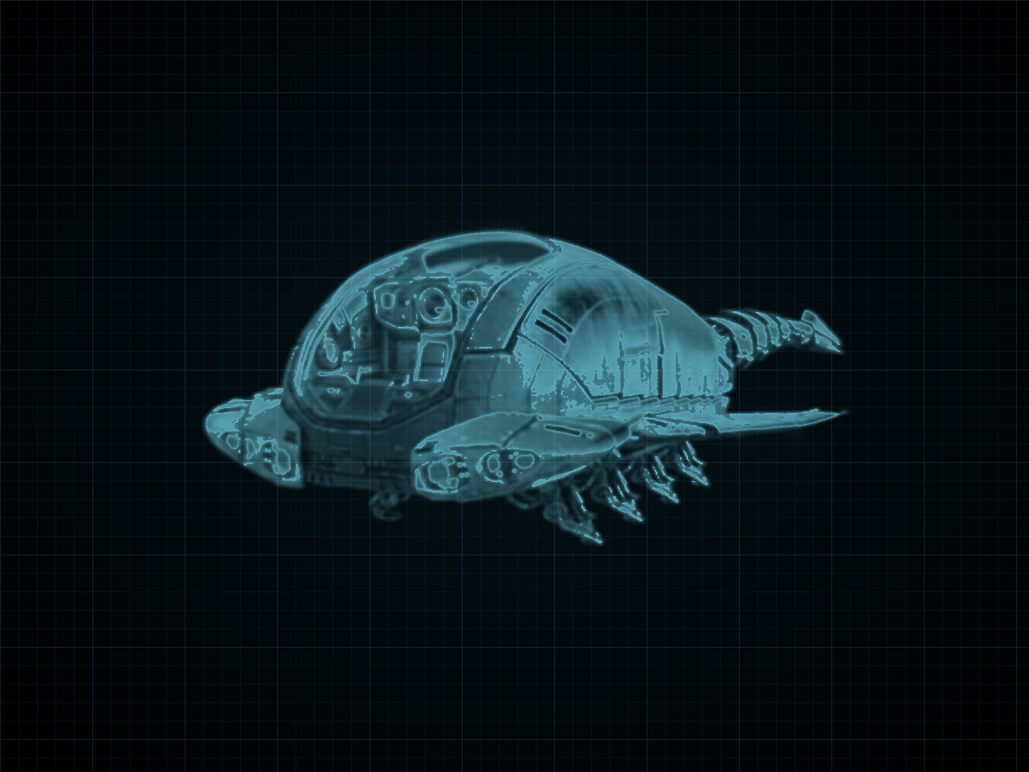 Source-locked cyan technical blueprint of Vespa-Class Swarm Fighter on a black grid.