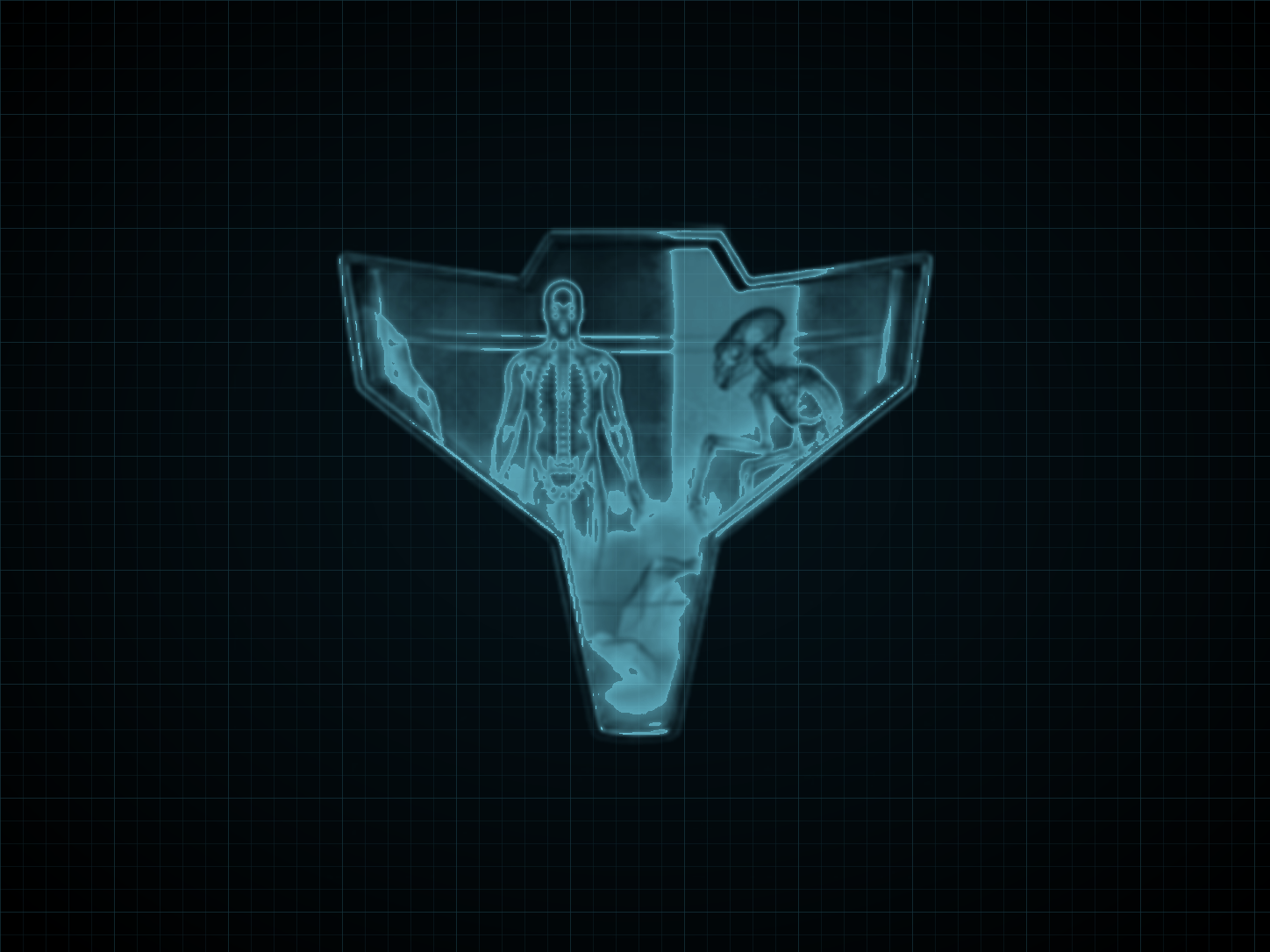 Source-locked cyan technical blueprint of X-Ray Visor on a black grid.