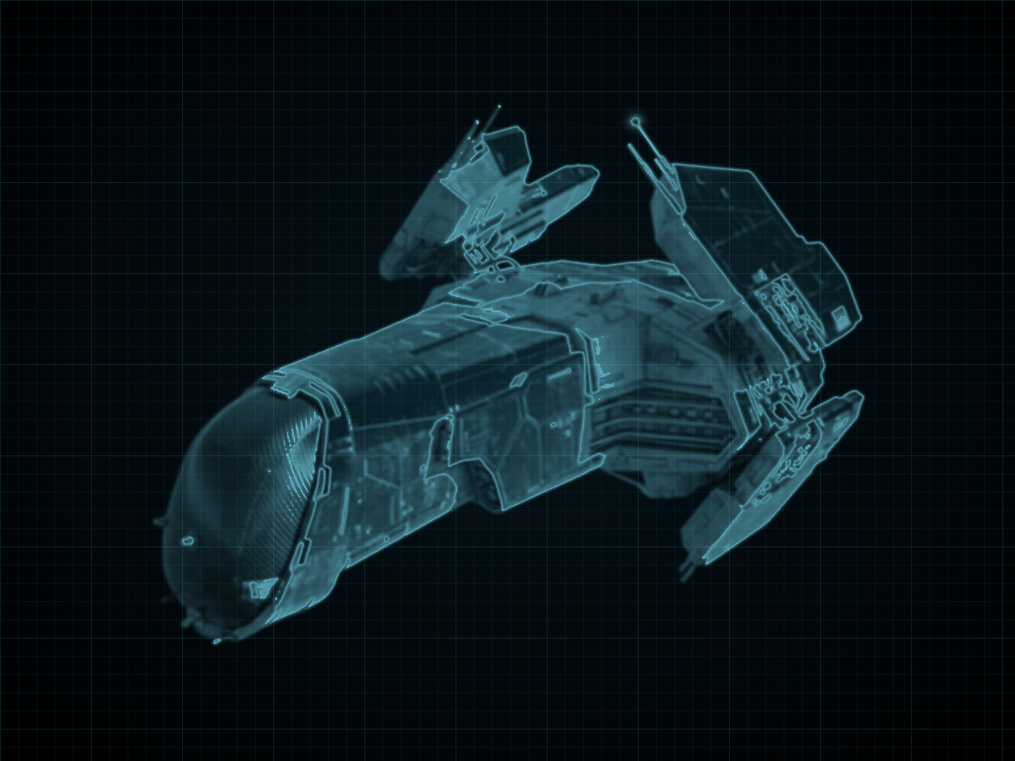 Source-locked cyan technical blueprint of Landing Pod on a black grid.