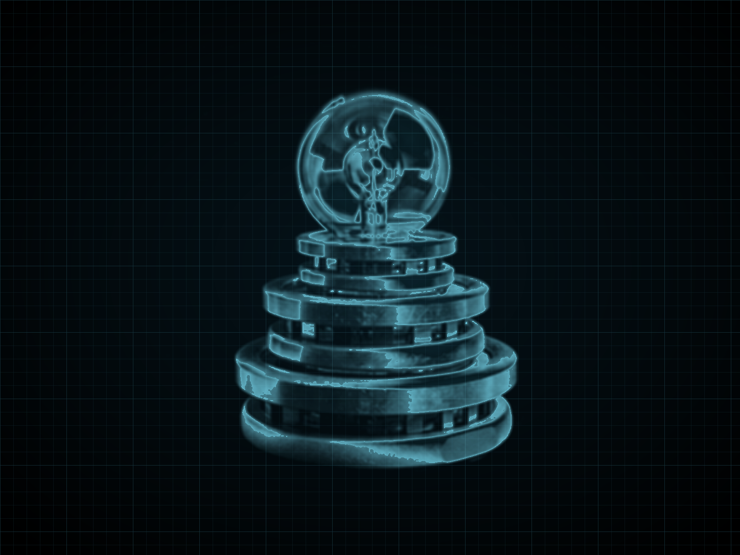 Source-locked cyan technical blueprint of X-Ray Scope on a black grid.