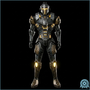 Galactic Federation technology archive image of DA-3104 Demolition Armor showing light armor plates, explosive back harness, yellow markings, and descent thruster equipment.