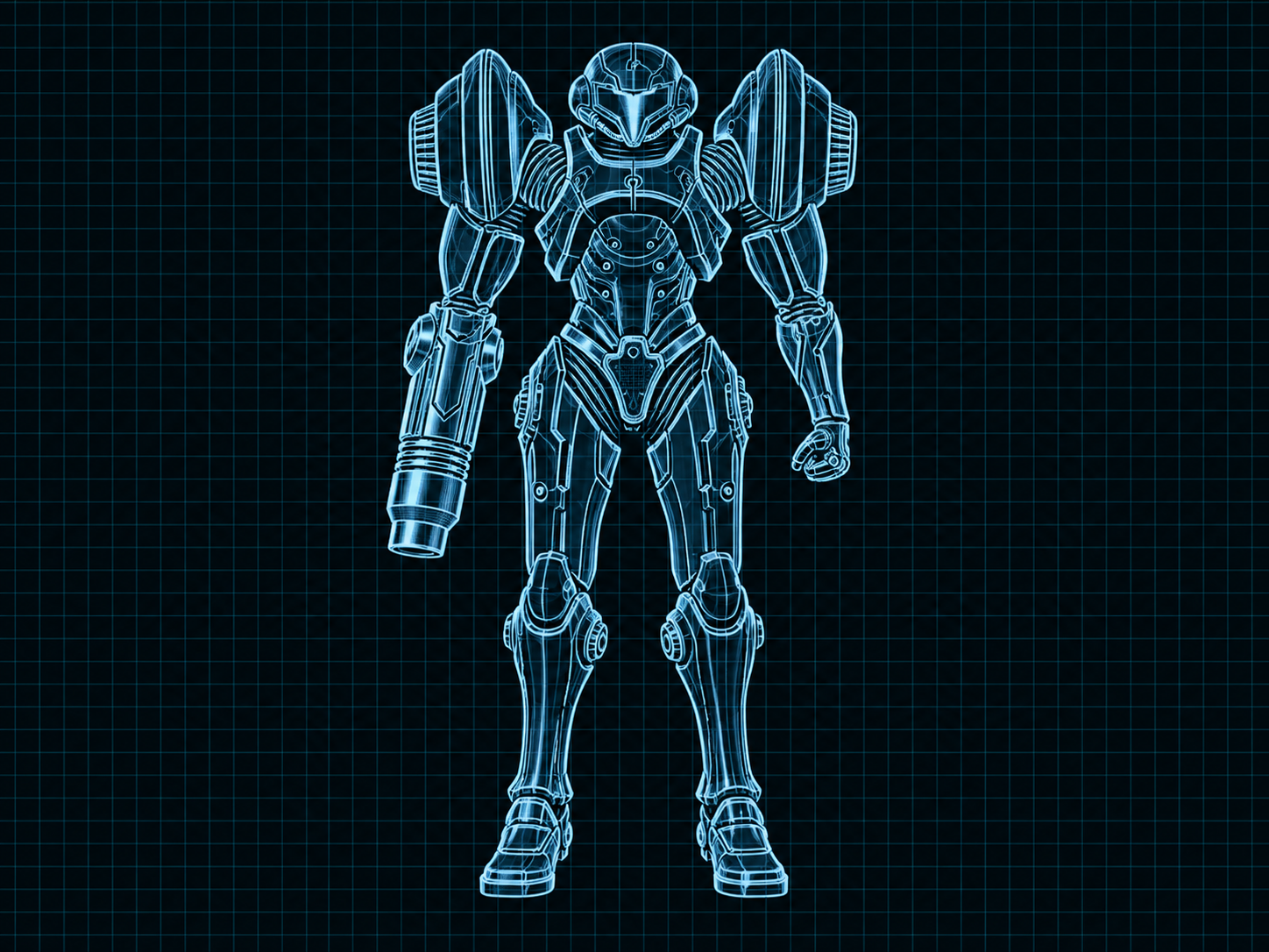 Cyan line schematic of the Dark Suit on a black technical grid.