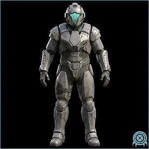 Galactic Federation technology archive image of a Federation Marine standard suit showing helmet seal, infantry armor plates, tactical comms, and squad support equipment.