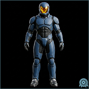 Galactic Federation technology archive image of a Federation powered combat suit showing armored helmet, broad visor, branch plating, and infantry support equipment.