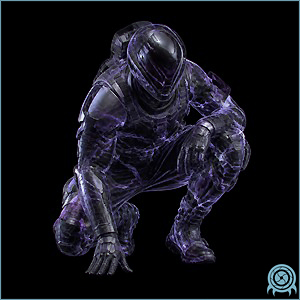 Phantom Cloak optical field refracting a Power Suit silhouette into a faint blue transparent outline beside a ZDR sensor door.