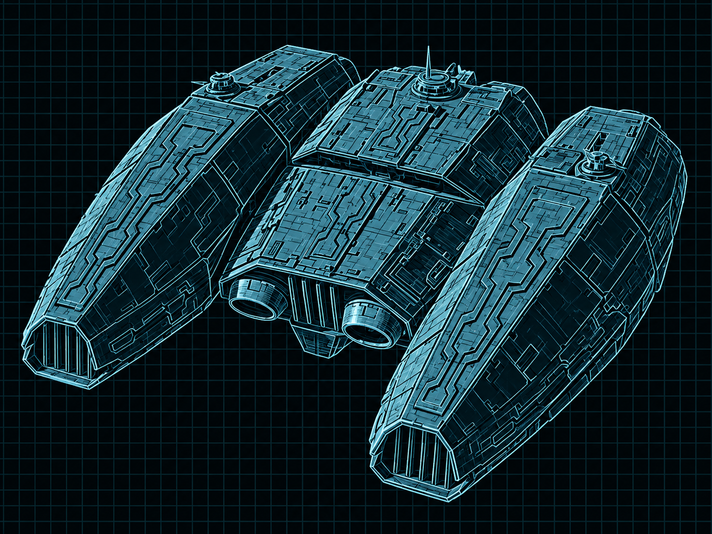 Cyan line schematic of a Chozo Ship on a black technical grid.