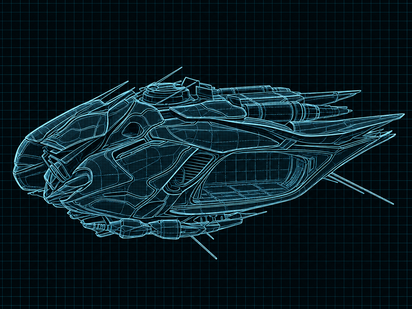 Cyan line schematic of a 565-PH Hellfire-Class Dropship on a black technical grid.
