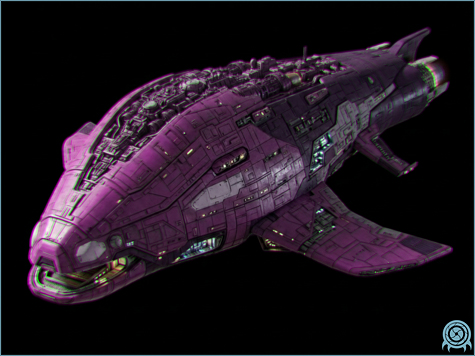 Overlord-Class Command Ship in a cyan technology scan, showing a Space Pirate mobile headquarters vessel with command decks, relay structure, and escape-craft bays.
