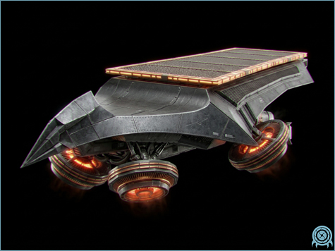 Shrike Attack Skiff in a cyan technology scan, showing a fast Space Pirate strike craft with a charged forward cannon and exposed heat-vent profile.