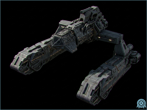 Orpheon-Class Research Frigate in a cyan technology scan, showing a Space Pirate laboratory vessel with containment, specimen transport, and orbital staging systems.