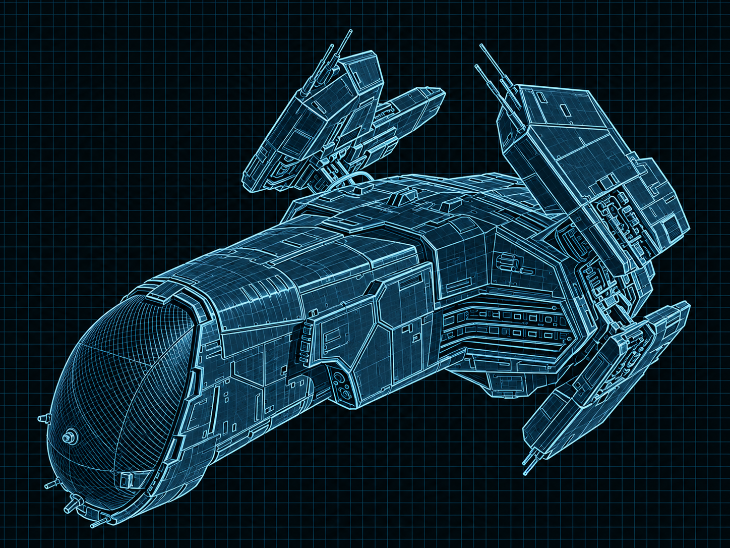 Cyan line schematic of an Anhur-Class Patrol Ship on a black technical grid.