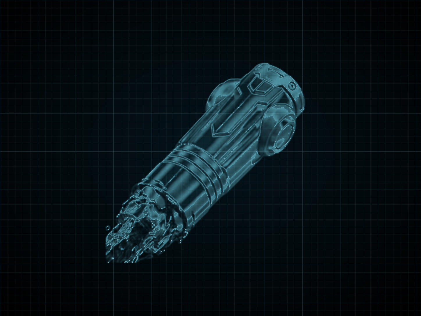 Source-locked cyan technical blueprint of Dark Beam on a black grid.
