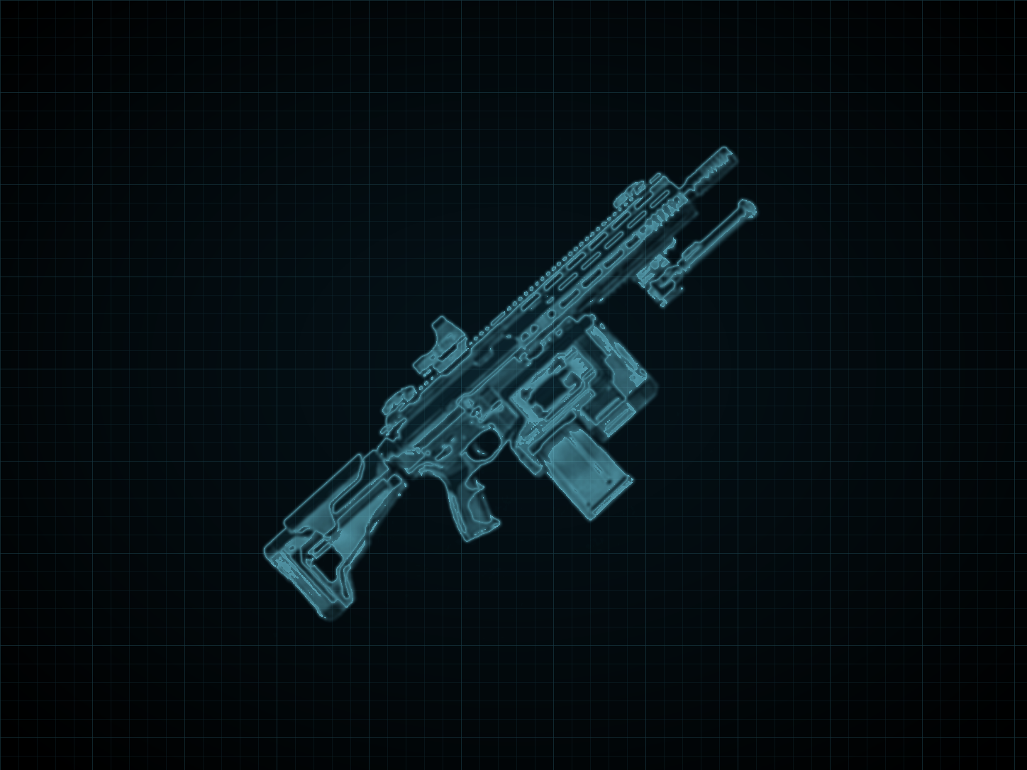 Source-locked cyan technical blueprint of DL-4162 Light Assault Rifle on a black grid.