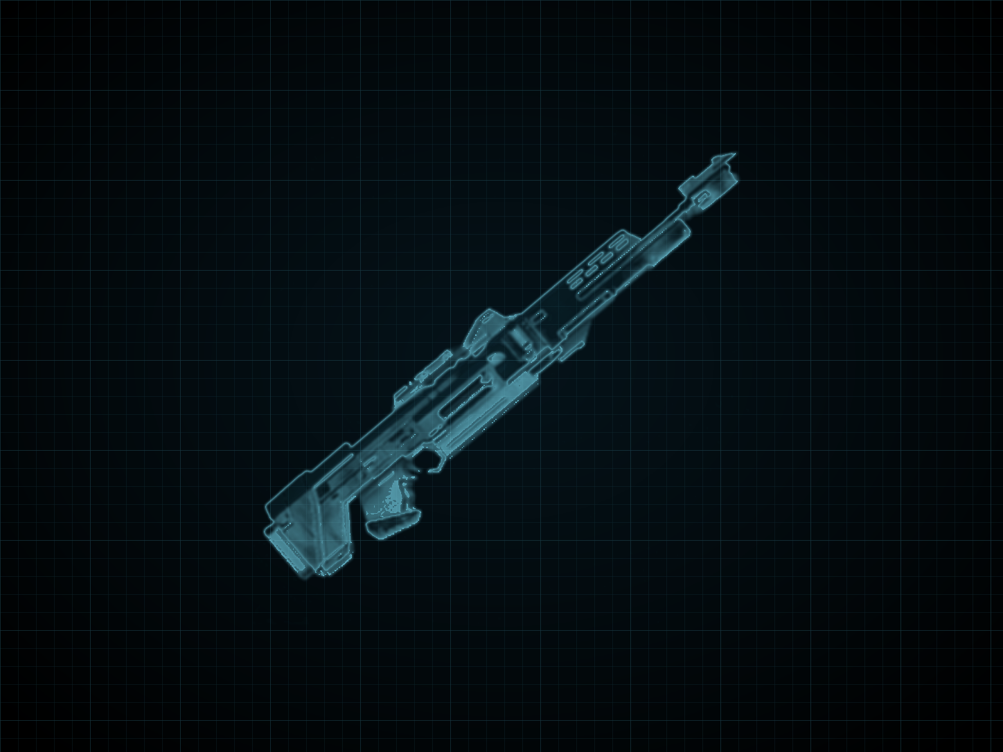 Source-locked cyan technical blueprint of KT-6116 Marksman Rifle on a black grid.