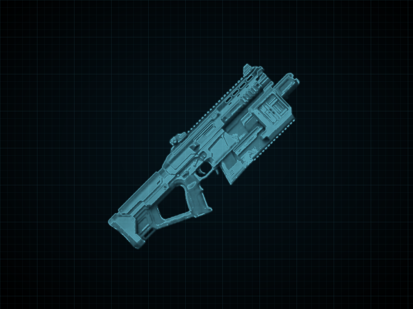 Source-locked cyan technical blueprint of NS-4664 Assault Rifle on a black grid.