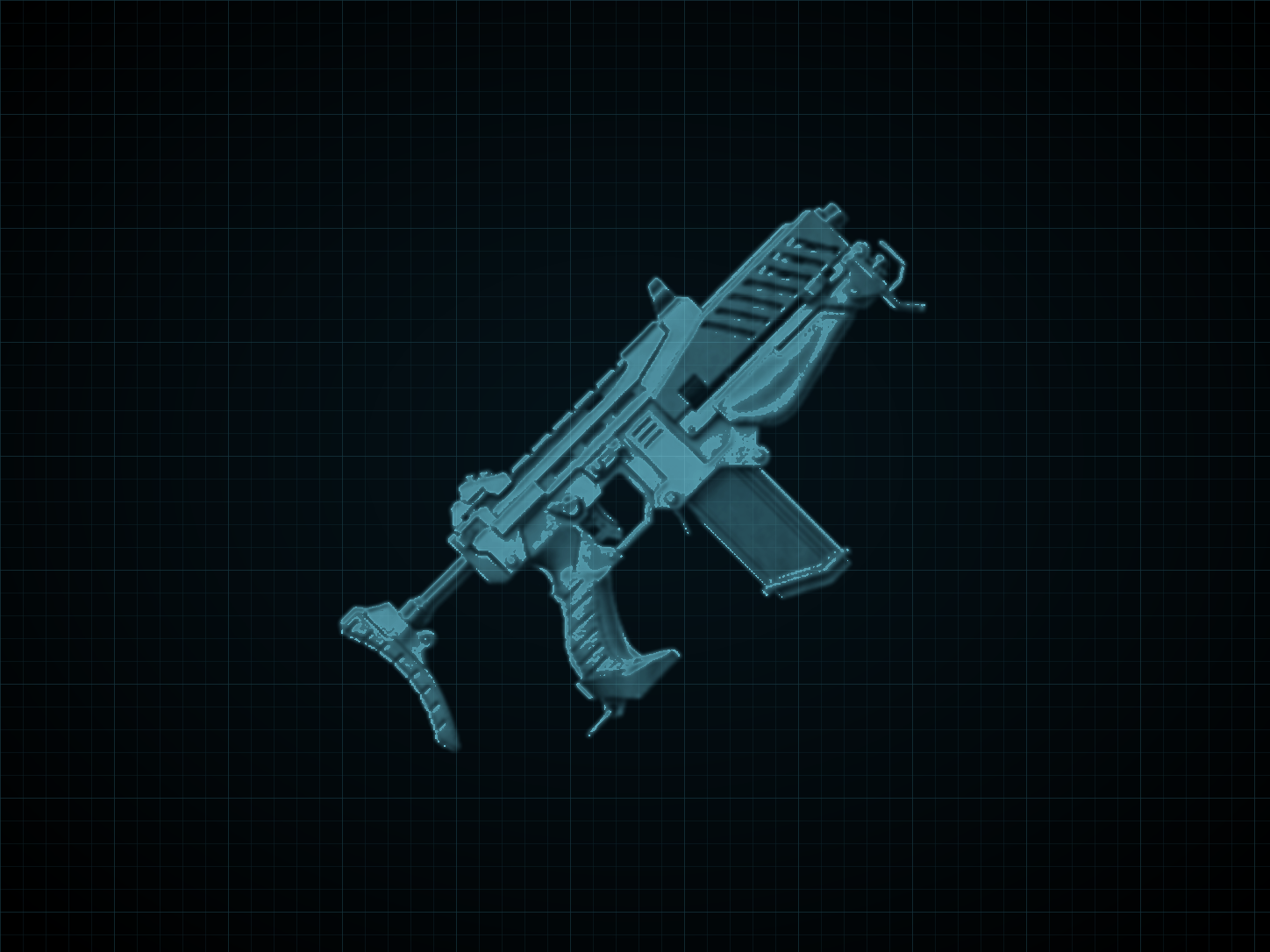 Source-locked cyan technical blueprint of PA-3714 Submachine Gun on a black grid.