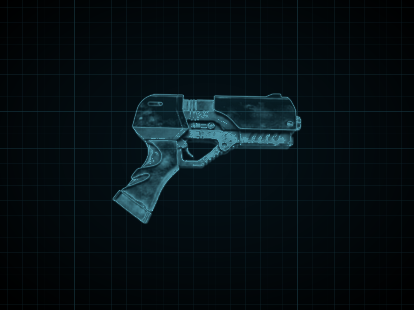Source-locked cyan technical blueprint of Paralyzer Pistol on a black grid.