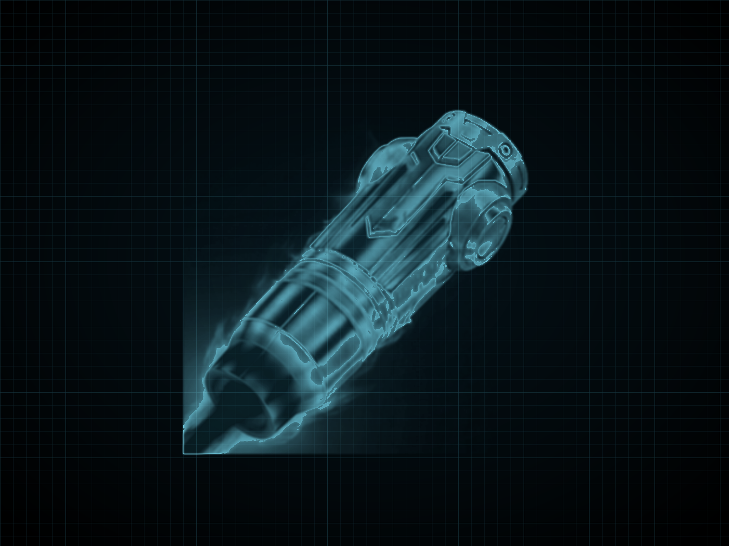 Source-locked cyan technical blueprint of Plasma Beam on a black grid.