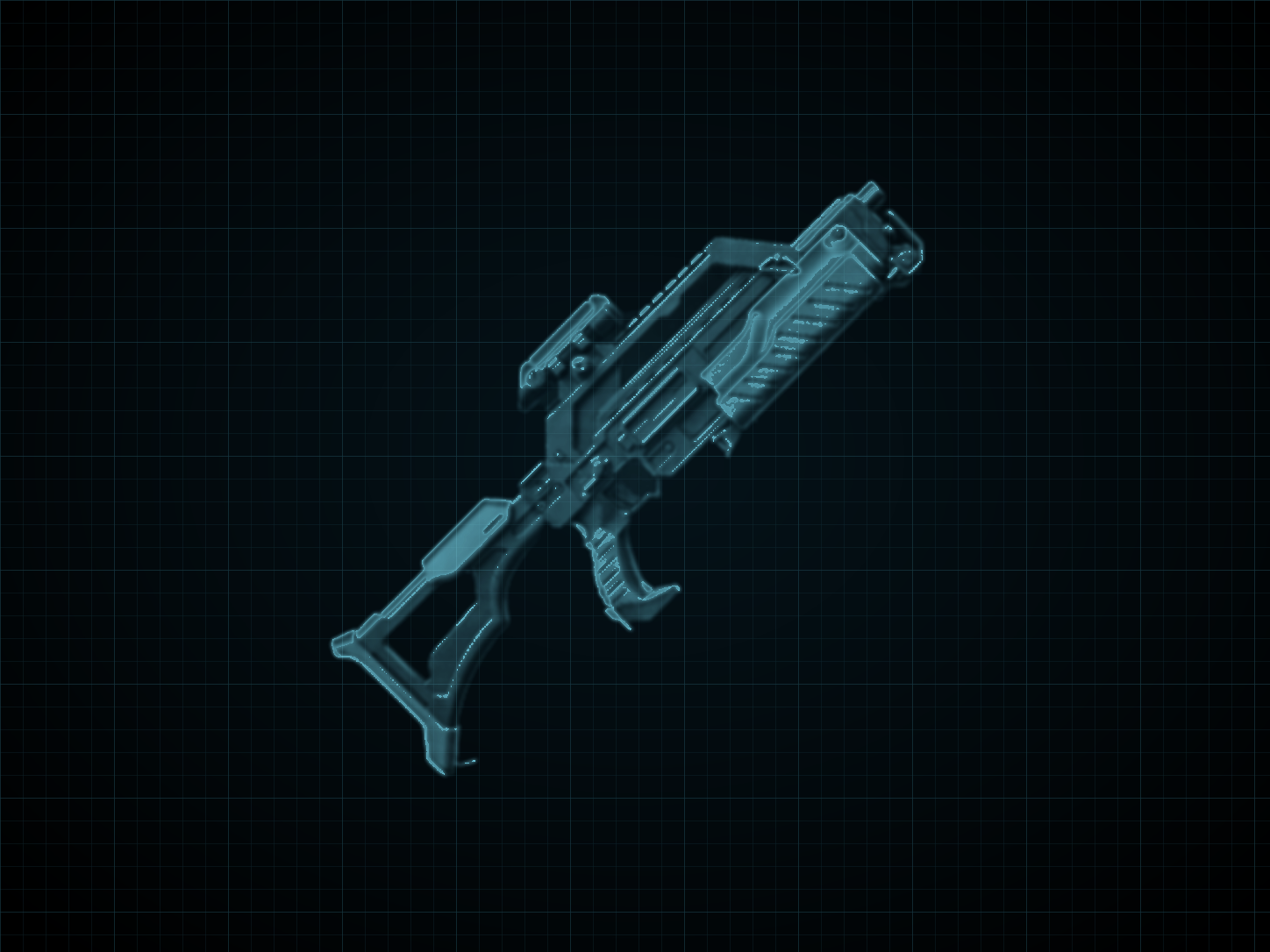 Source-locked cyan technical blueprint of PR-4625 Assault Rifle on a black grid.