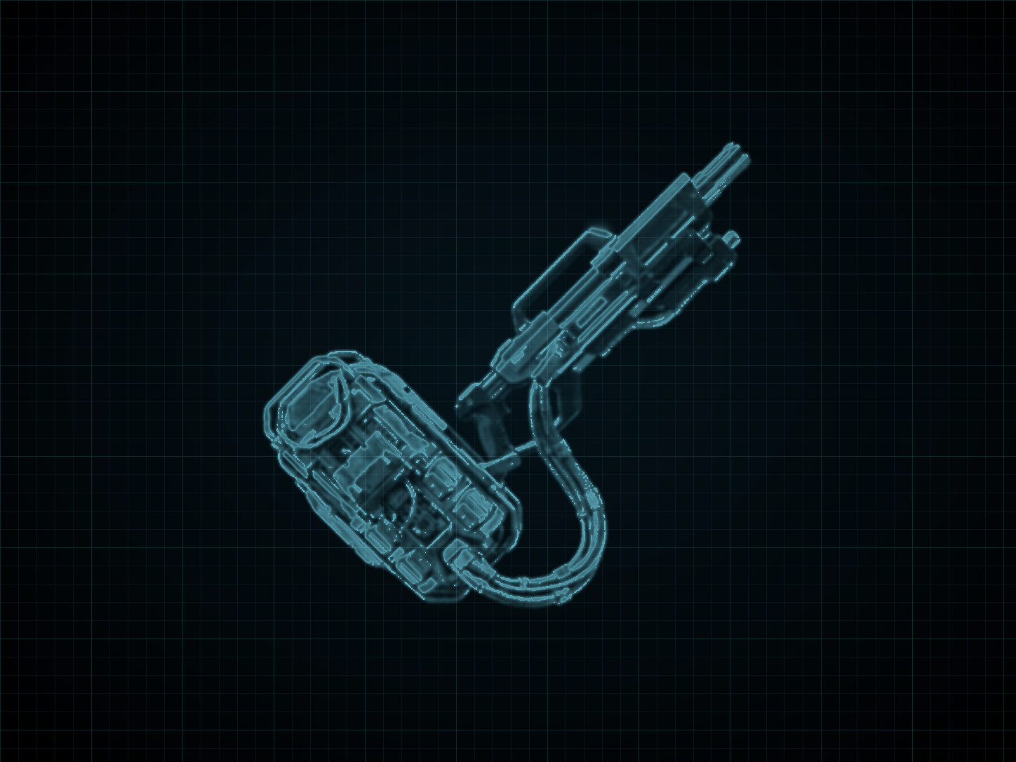 Source-locked cyan technical blueprint of PX-5171 Plasma Gun on a black grid.