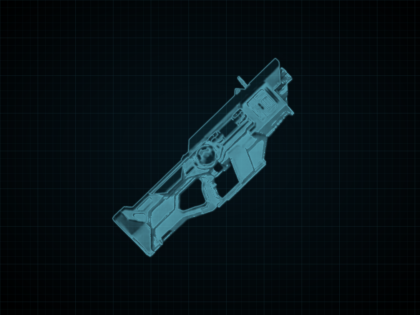 Source-locked cyan technical blueprint of RT-6336 Submachine Gun on a black grid.