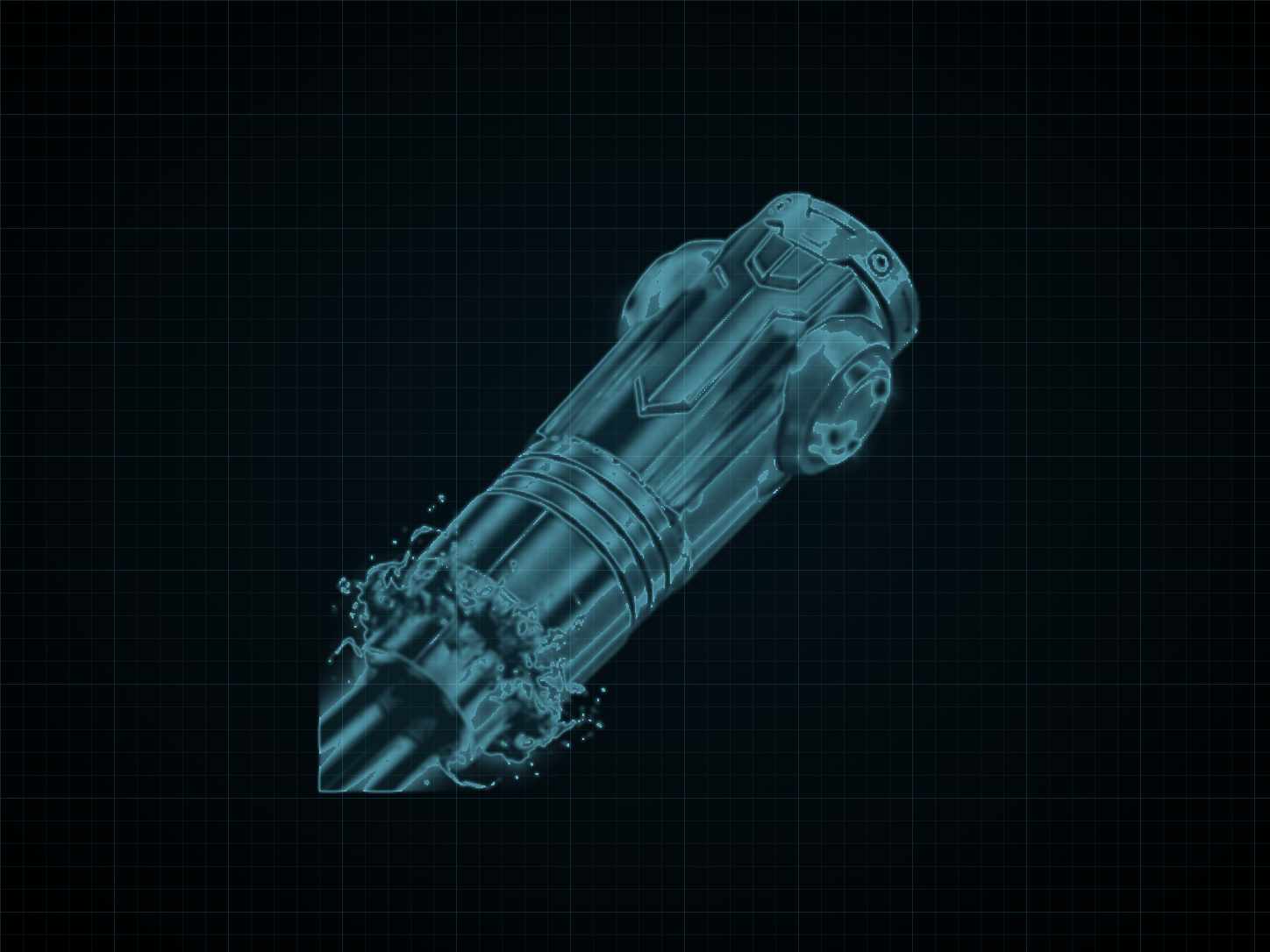 Source-locked cyan technical blueprint of Spazer Beam on a black grid.