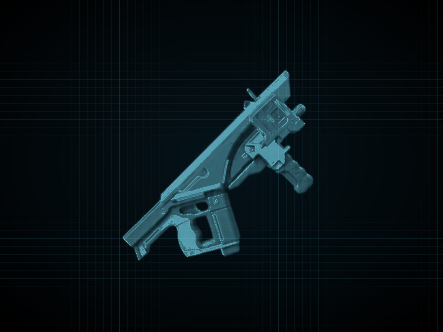 Source-locked cyan technical blueprint of SR-2143 Field Carbine on a black grid.