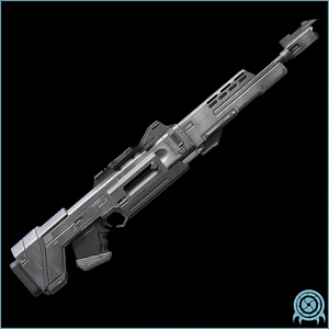 Galactic Federation armament archive image of KT-6116 Marksman Rifle, visor-linked precision rifle, showing weapon profile and operational effect signature