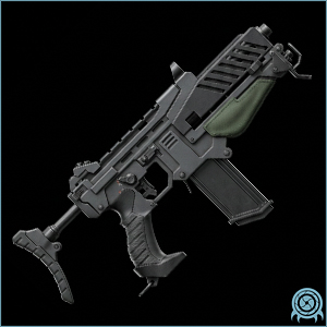 Galactic Federation armament archive image of PA-3714 Submachine Gun, platoon automatic weapon, showing weapon profile and operational effect signature