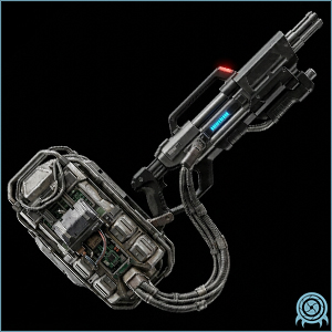 Galactic Federation armament archive image of PX-5171 Plasma Gun, backpack-fed plasma prototype, showing weapon profile and operational effect signature