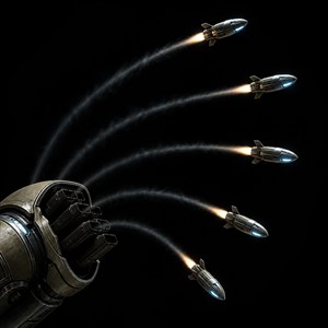 Seeker Missile targeting interface assigning five separate lock markers to missile paths against a black armament archive grid.